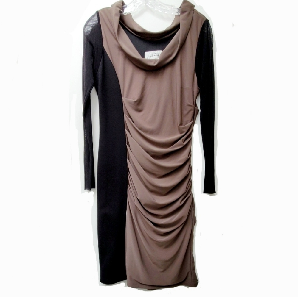 Joseph Ribkoff Black Tan Asymetrical Color Block Rouched Dress Sheer Sleeves 12